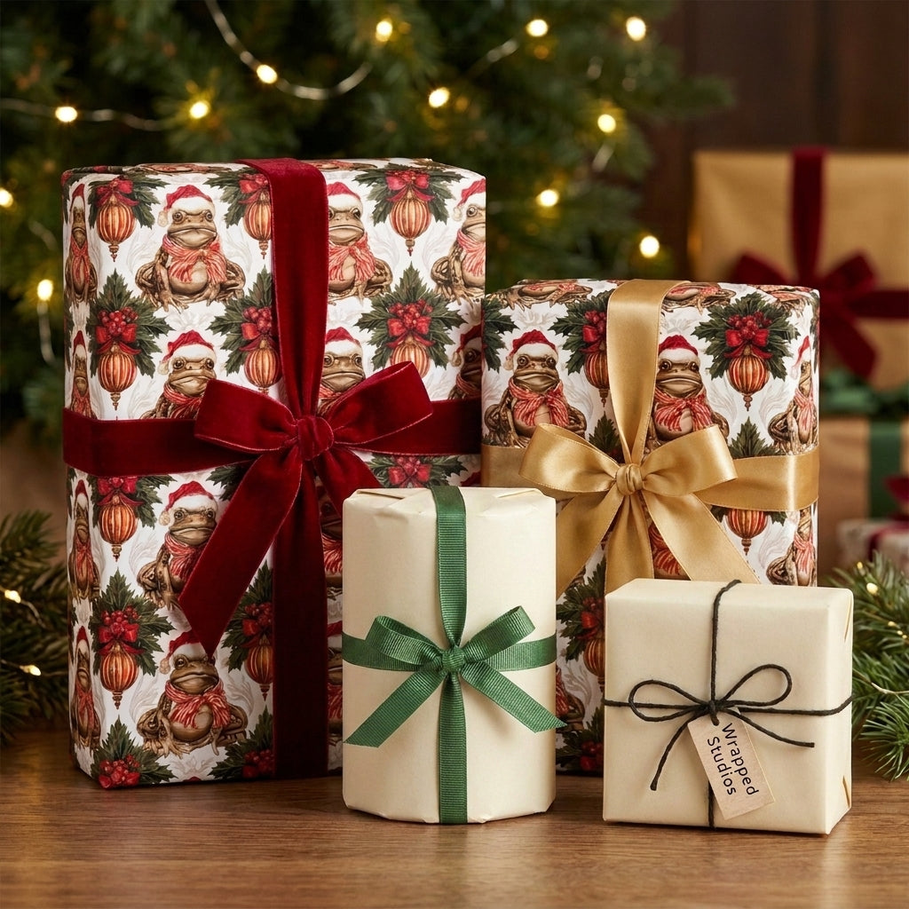 Whimsical Christmas gift wrap with vintage holiday frog pattern and red velvet bow by Wrapped Studios.