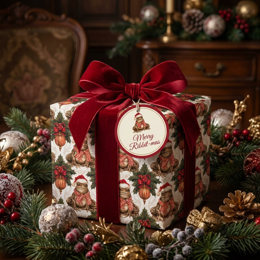 Frog Christmas wrapping paper with red velvet bow and Merry Ribbit-mas gift tag by Wrapped Studios.