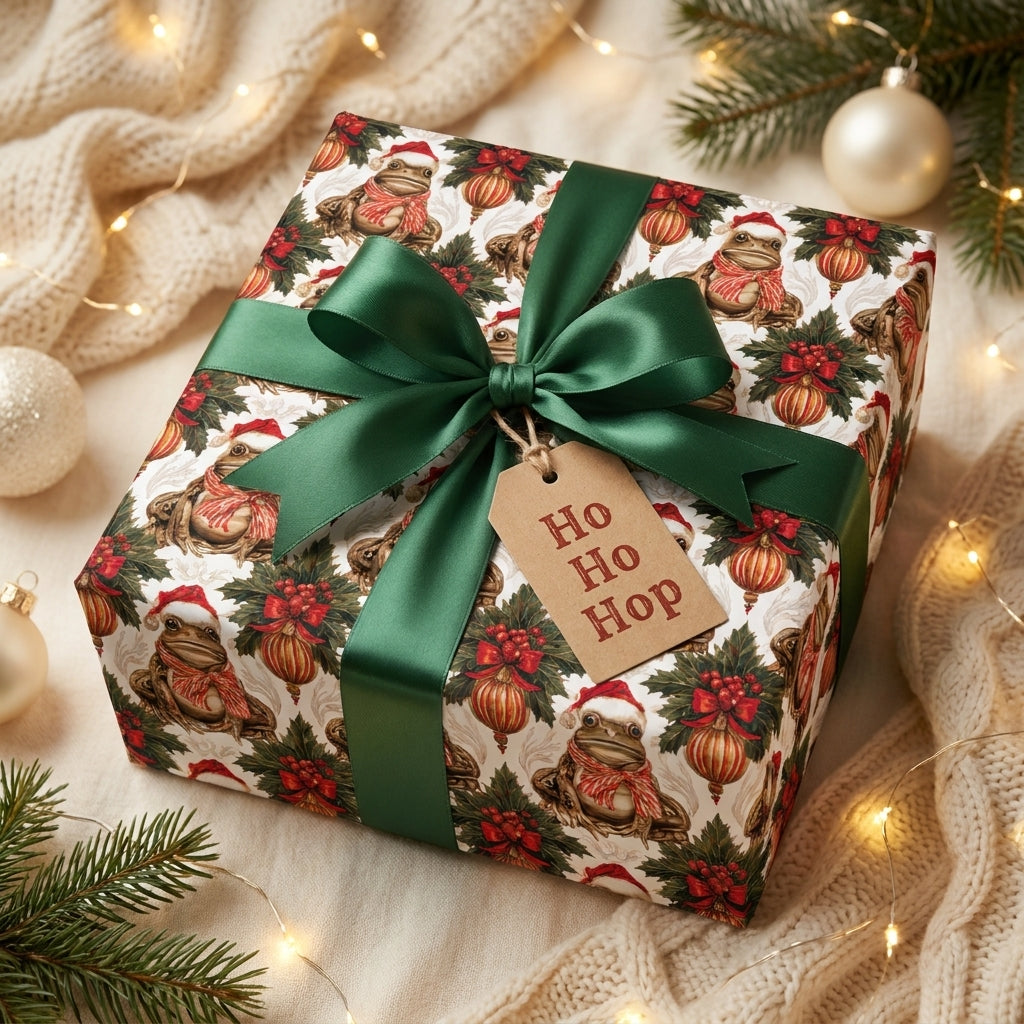 Whimsical frog Christmas wrapping paper with a green satin bow and gift tag by Wrapped Studios.