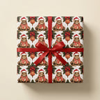 Whimsical frog Christmas wrapping paper with vintage Santa hat pattern and red bow, by Wrapped Studios.