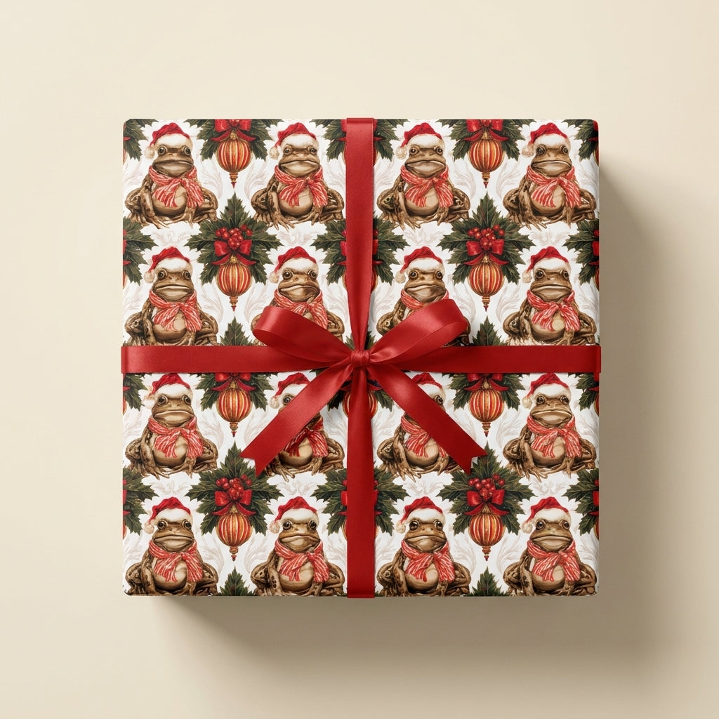 Whimsical frog Christmas wrapping paper with vintage Santa hat pattern and red bow, by Wrapped Studios.