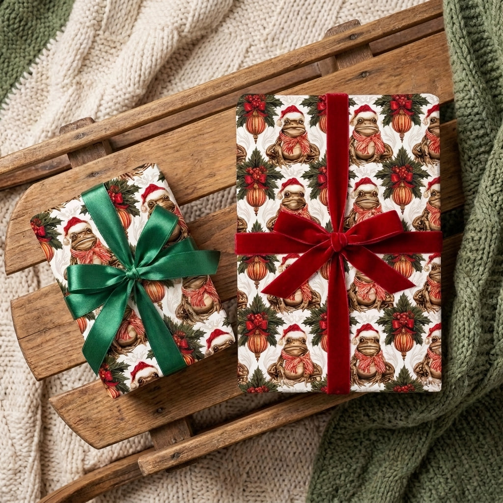 Whimsical frog Christmas wrapping paper on holiday gifts with red and green bows by Wrapped Studios.