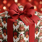 Whimsical frog Christmas wrapping paper with a red ribbon and gift tag by Wrapped Studios.