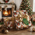 Whimsical frog Christmas wrapping paper with gold bows by Wrapped Studios, set before a cozy holiday fireplace.
