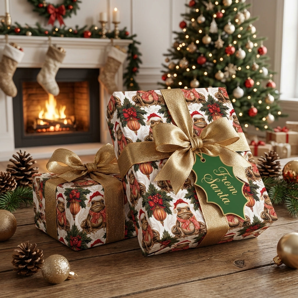 Whimsical frog Christmas wrapping paper with gold bows by Wrapped Studios, set before a cozy holiday fireplace.