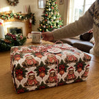 Vintage Christmas frog wrapping paper by Wrapped Studios on a gift box in a cozy holiday scene.