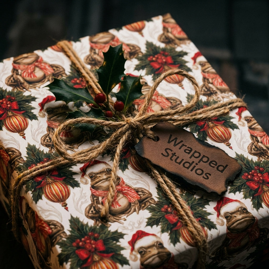 Vintage frog Christmas wrapping paper with a rustic twine bow and holly by Wrapped Studios.