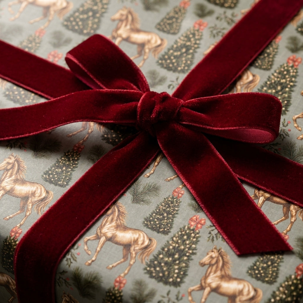 Vintage Christmas wrapping paper with golden horses and a luxury red velvet bow by Wrapped Studios.