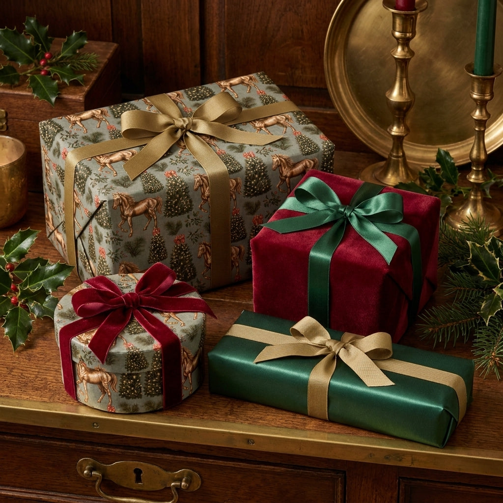 Vintage horse Christmas wrapping paper on elegant gift boxes with luxury ribbons by Wrapped Studios.