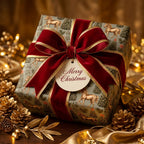 Luxury Christmas wrapping paper with golden horses, red velvet bow, and holiday tag by Wrapped Studios.