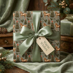 Luxury horse Christmas wrapping paper with sage green satin bow and Warm Wishes tag by Wrapped Studios.