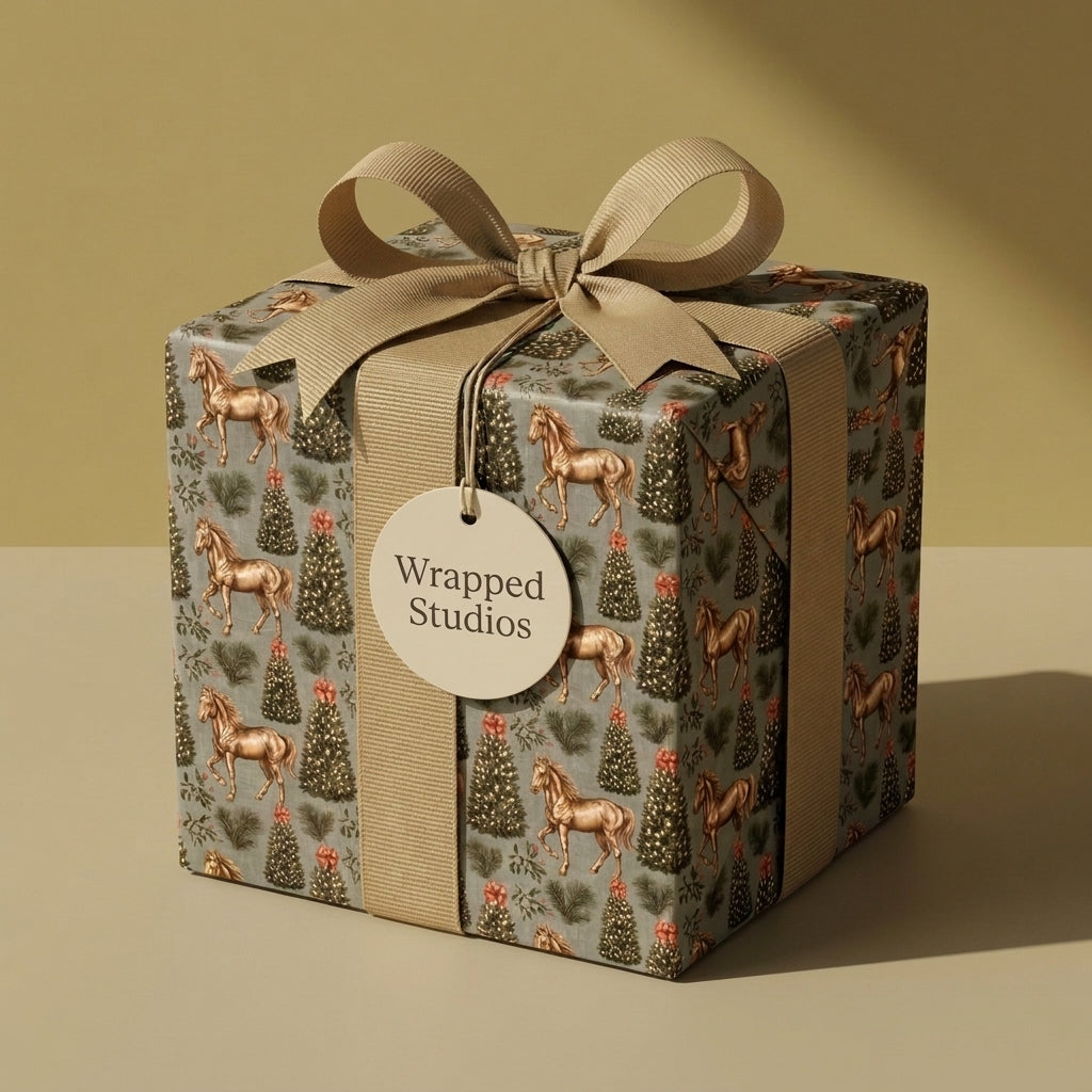 Equestrian Christmas wrapping paper by Wrapped Studios with golden horses, holiday trees, and a beige ribbon.