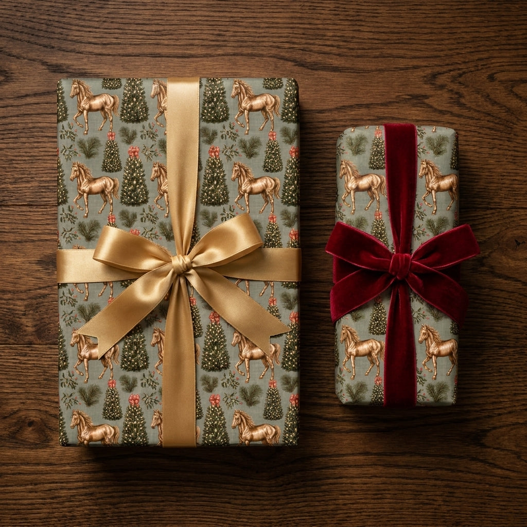 Luxury horse Christmas wrapping paper by Wrapped Studios with elegant gold satin and red velvet bows.
