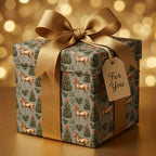Luxury equestrian Christmas wrapping paper with gold horses and a large gold bow by Wrapped Studios.