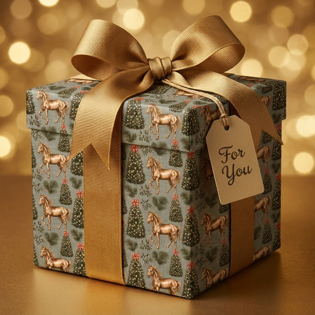 Luxury equestrian Christmas wrapping paper with gold horses and a large gold bow by Wrapped Studios.