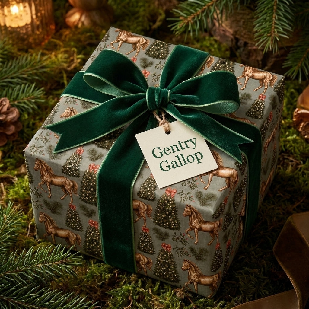 Equestrian Christmas wrapping paper with horses and pine trees, tied with a velvet bow by Wrapped Studios.