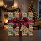 Equestrian Christmas wrapping paper with gold horses and a burgundy bow by Wrapped Studios.
