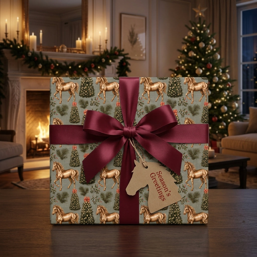 Equestrian Christmas wrapping paper with gold horses and a burgundy bow by Wrapped Studios.