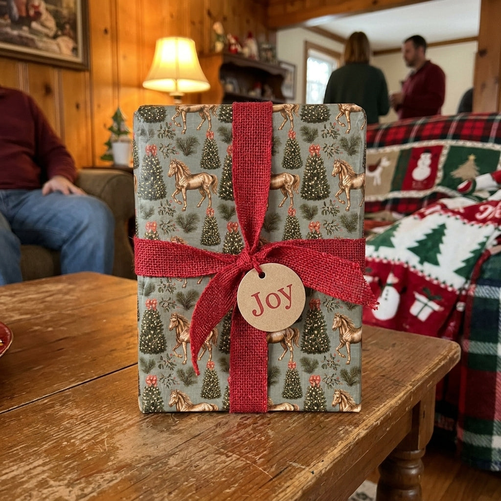 Equestrian Christmas wrapping paper with a red burlap ribbon by Wrapped Studios.