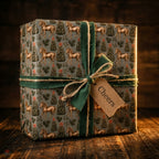 Vintage horse Christmas wrapping paper with green velvet ribbon on a gift box by Wrapped Studios.