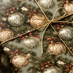 Luxury Christmas wrapping paper with vintage ornament pattern and gold string bow by Wrapped Studios.