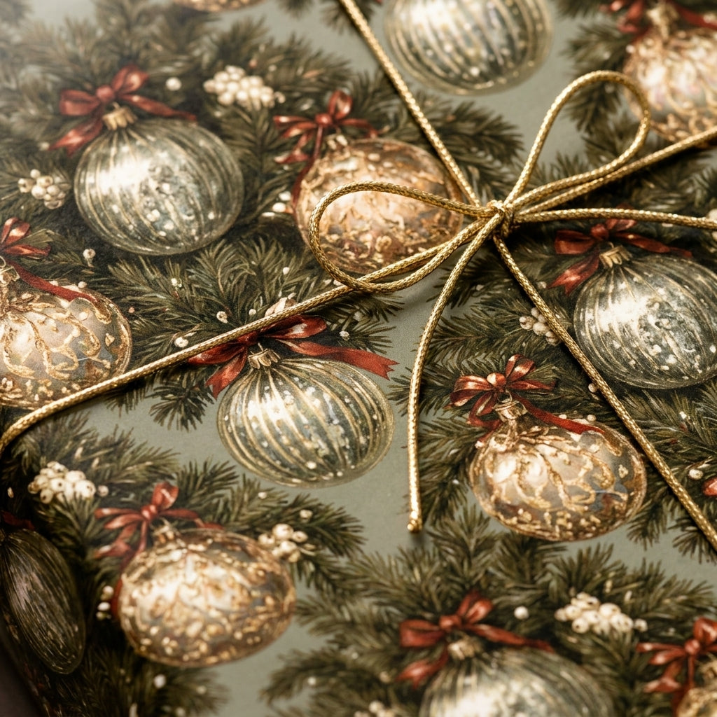 Luxury Christmas wrapping paper with vintage ornament pattern and gold string bow by Wrapped Studios.