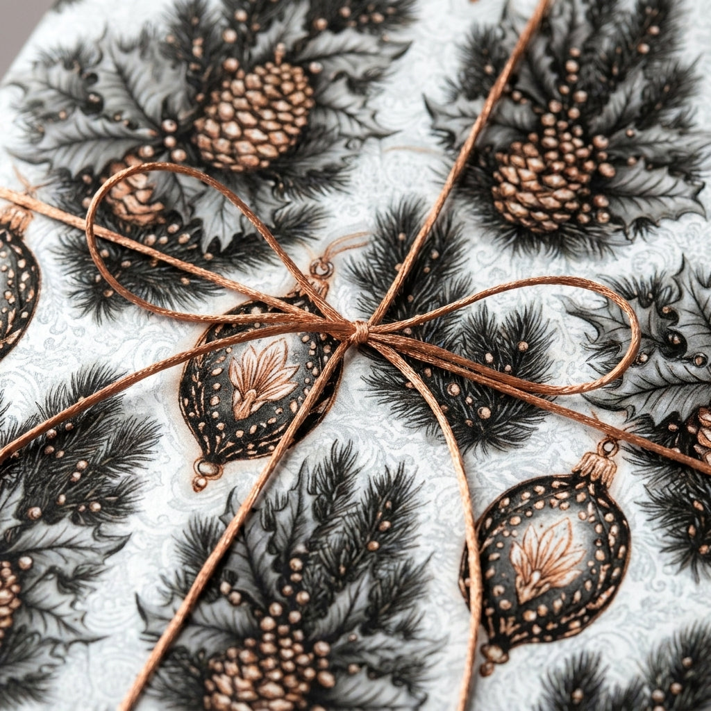Vintage Christmas gift wrap with pinecones, ornaments, and bronze twine bow by Wrapped Studios.