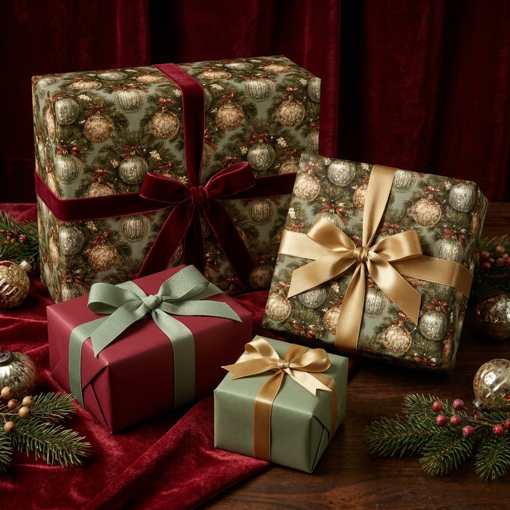 Luxury vintage Christmas wrapping paper with green ornament pattern and velvet ribbon by Wrapped Studios.