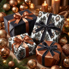 Luxury Christmas wrapping paper with pine patterns and velvet ribbons by Wrapped Studios.