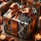 Elegant Christmas wrapping paper with a vintage pinecone pattern and copper satin bow by Wrapped Studios.