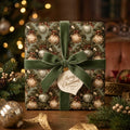 Luxury Christmas wrapping paper with vintage ornaments and a green velvet bow by Wrapped Studios.