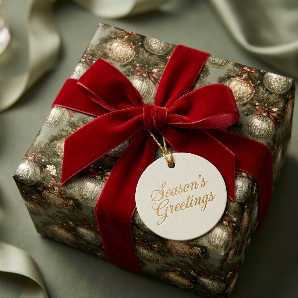 Elegant green Christmas gift wrap with gold ornament pattern and red velvet bow by Wrapped Studios.