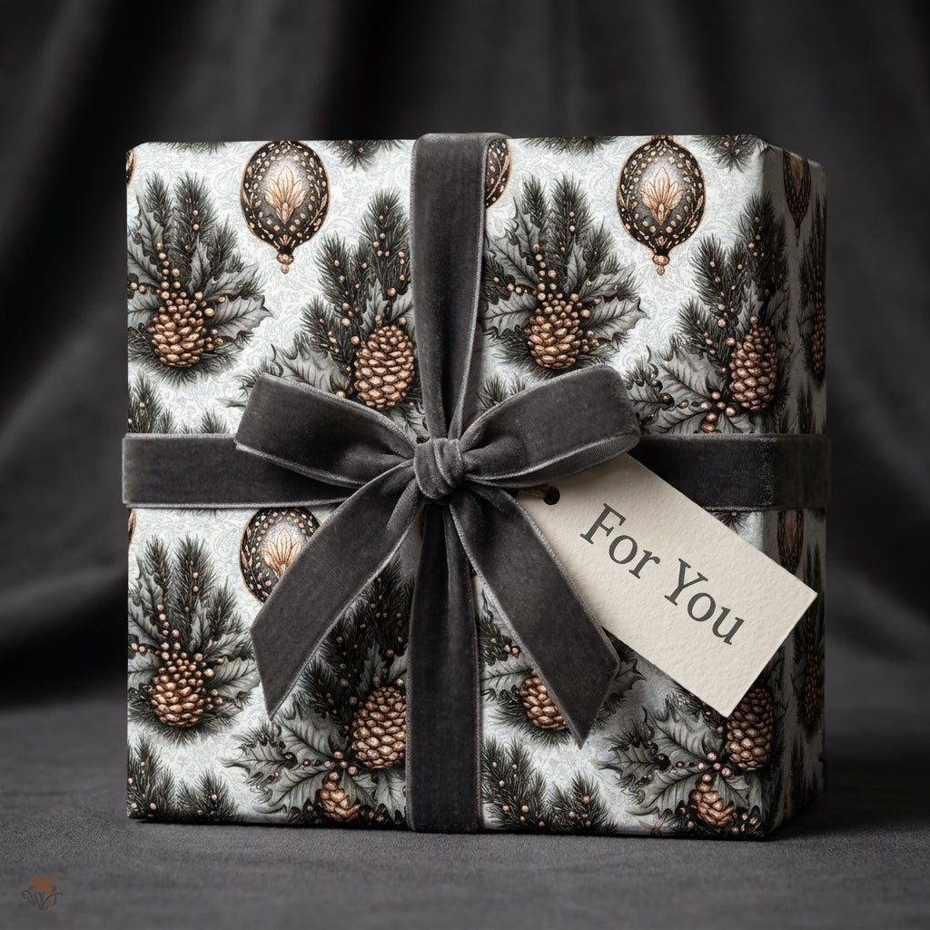 Luxury Christmas gift wrap with a vintage pinecone pattern and grey velvet bow by Wrapped Studios.