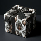 Luxury Christmas wrapping paper with vintage pinecones, black ribbon, and tag by Wrapped Studios.