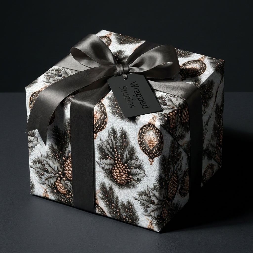 Luxury Christmas wrapping paper with vintage pinecones, black ribbon, and tag by Wrapped Studios.