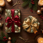Elegant green Christmas gift wrap with pine ornament pattern and satin ribbon bows by Wrapped Studios.