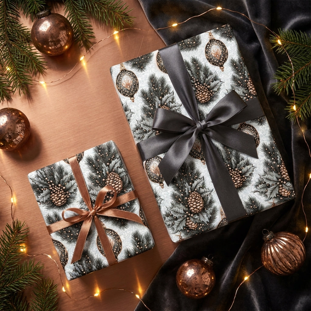 Elegant pinecone holiday wrapping paper with satin ribbons on Christmas gifts by Wrapped Studios.