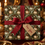 Vintage Christmas wrapping paper with elegant ornament pattern and red bow, holiday gift wrap by Wrapped Studios.