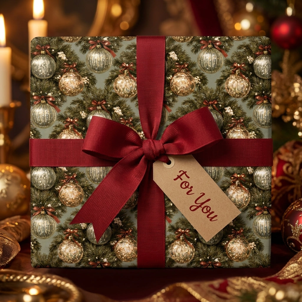 Vintage Christmas wrapping paper with elegant ornament pattern and red bow, holiday gift wrap by Wrapped Studios.
