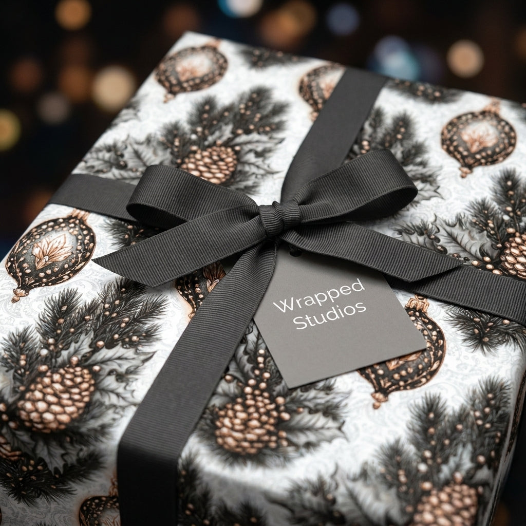 Luxury holiday gift wrap with a vintage pinecone pattern and black grosgrain bow by Wrapped Studios.