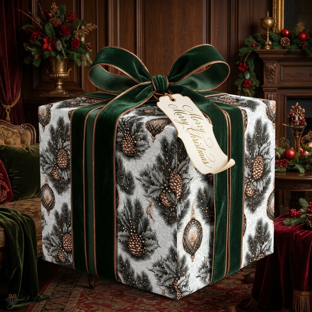 Luxury Christmas wrapping paper with a pinecone pattern and green velvet bow, by Wrapped Studios.