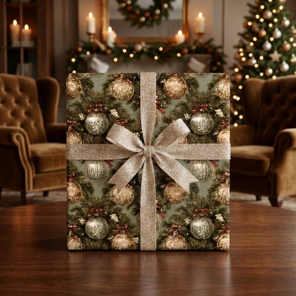 Luxury Christmas wrapping paper with a gold ornament pattern and champagne glitter bow by Wrapped Studios.