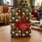 Vintage Christmas gift wrap with ornament pattern and red velvet bow by Wrapped Studios.
