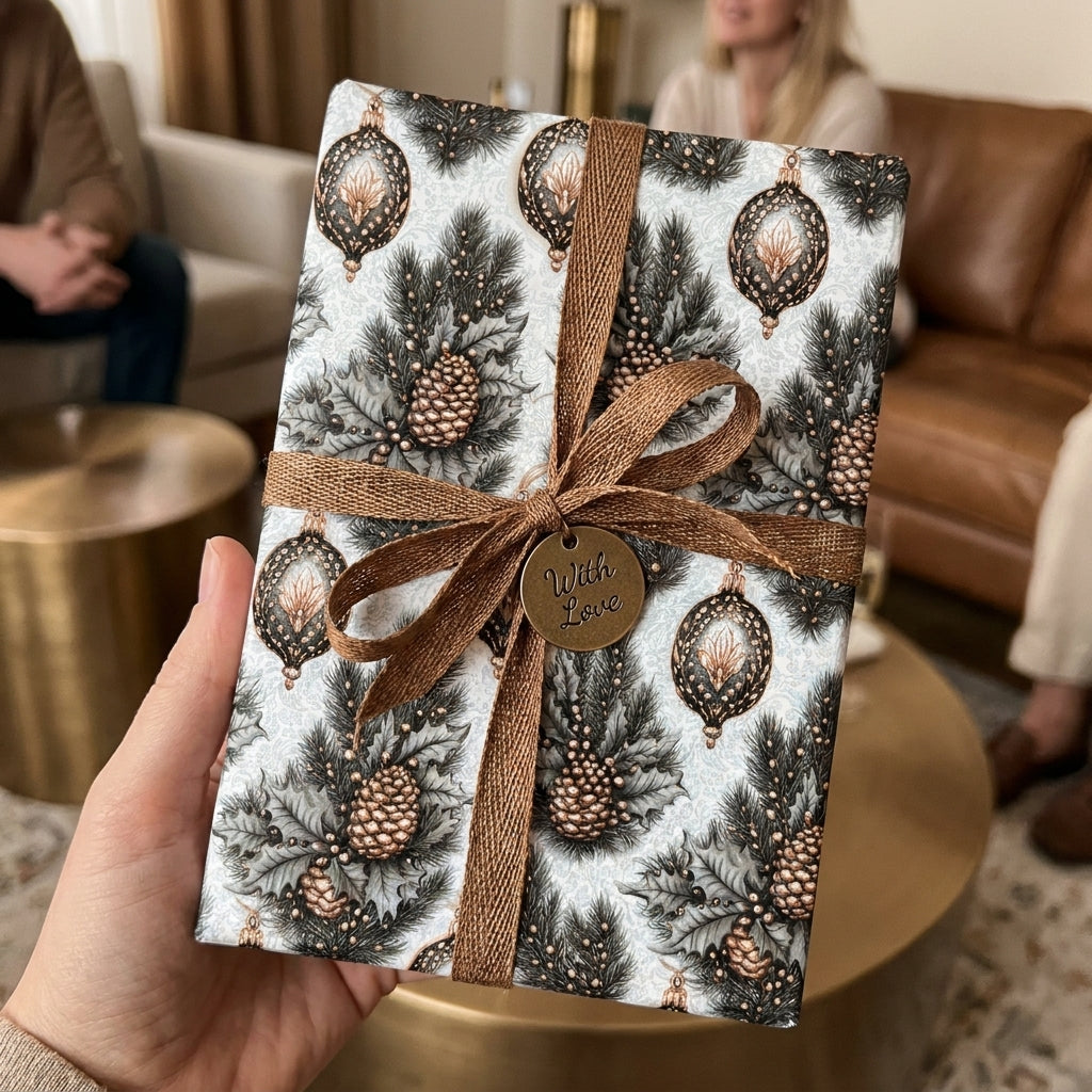 Luxury Christmas wrapping paper with pinecones and a bronze ribbon bow, by Wrapped Studios.