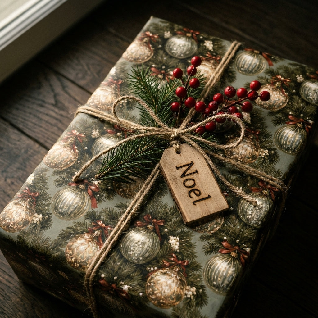 Vintage Christmas wrapping paper featuring ornaments, tied with rustic twine and a Noel tag by Wrapped Studios.