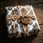 Rustic Christmas wrapping paper with pinecone print, twine bow, and wood tag by Wrapped Studios.