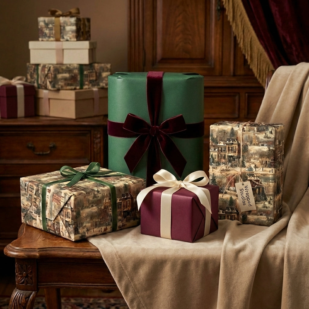 Elegant gift wrap featuring vintage village print, solid green, and burgundy paper with velvet ribbons for Christmas presents.