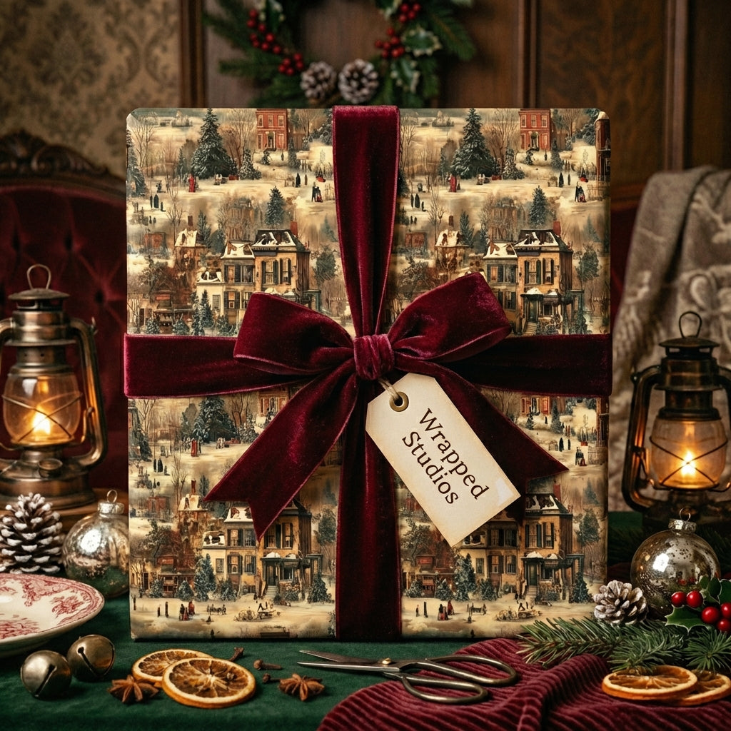 Victorian Christmas gift wrapped in town scene paper with velvet ribbon and holiday decorations.