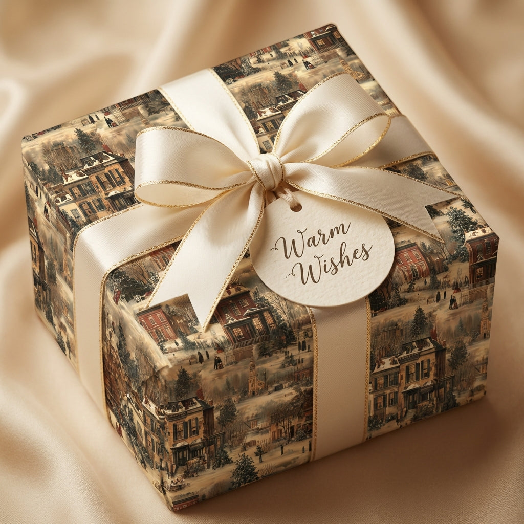 Elegant gift wrapped in vintage winter town wrapping paper with ivory ribbon and "Warm Wishes" tag.