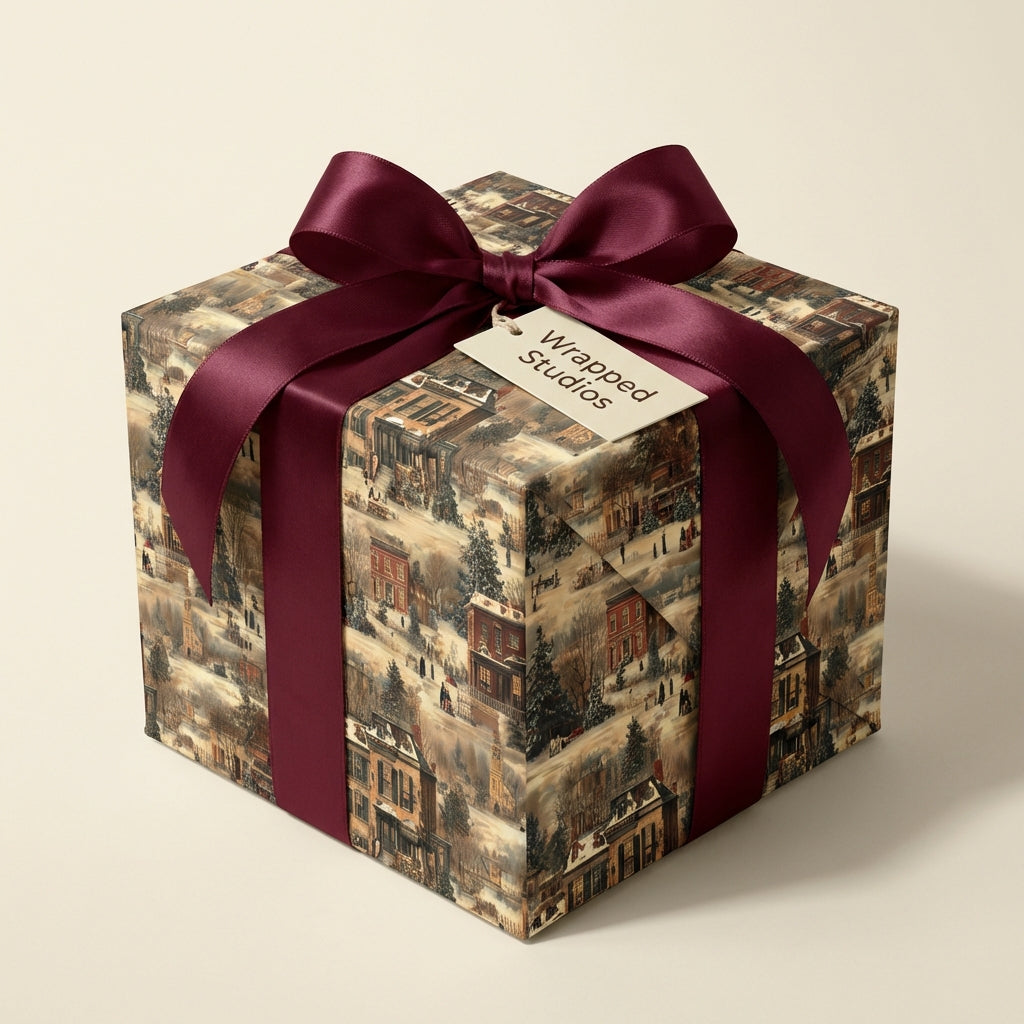 Elegant gift box with vintage winter village wrapping paper and a burgundy satin bow, perfect Christmas gift wrap.